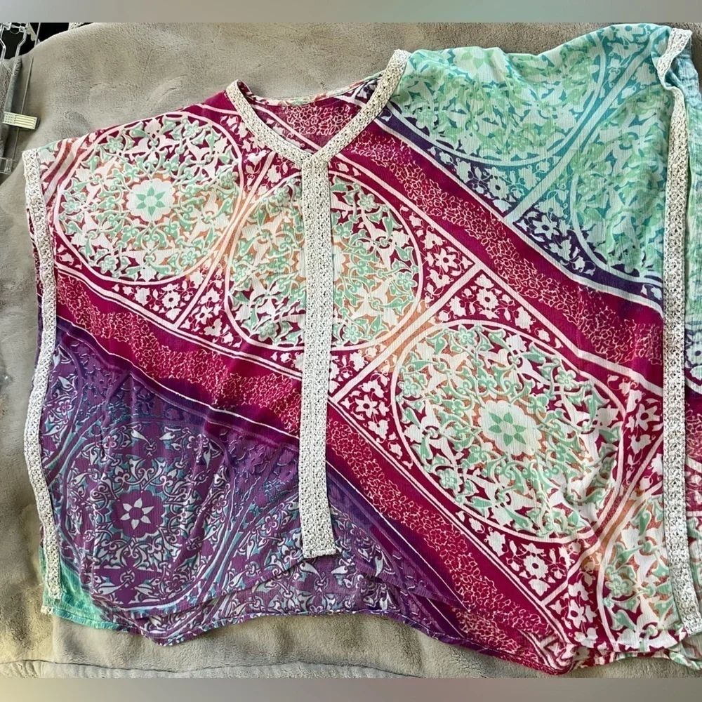 CHICO'S Semi Sheer Beaded Jeweled Embellish Neckline Poncho Topper Muted Colors